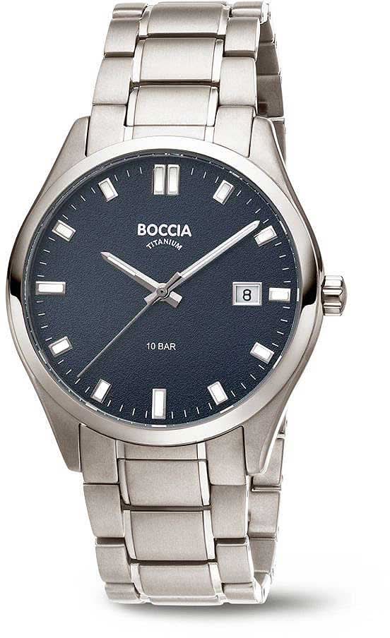 Pulsera de hombre Boccia con correa de acero inoxidable, esfera azul, ventana de fecha a las 8