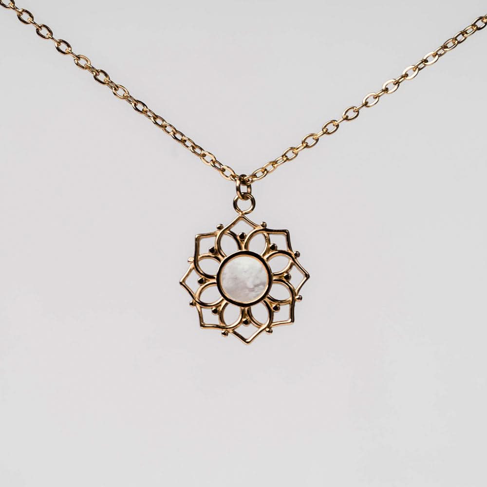 Collar dorado con colgante de nácar en círculo floral, cadena de eslabones finos