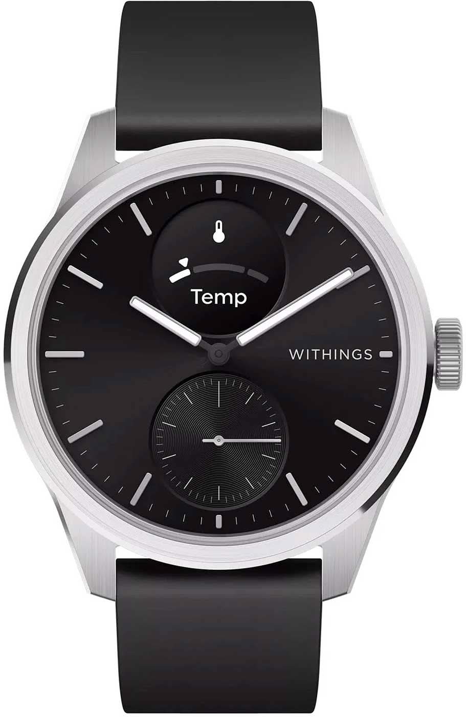 Smartwatch con correa de silicona negra, caja plateada y esfera negra