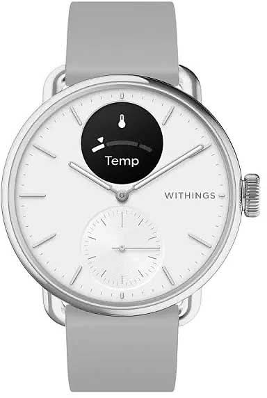 Withings Hybrid Smartwatch con correa de silicona gris y esfera blanca, indicador de temperatura