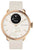Smartwatch para mujer: caja en oro rosa, correa de silicona beige, pantalla de temperatura negra.