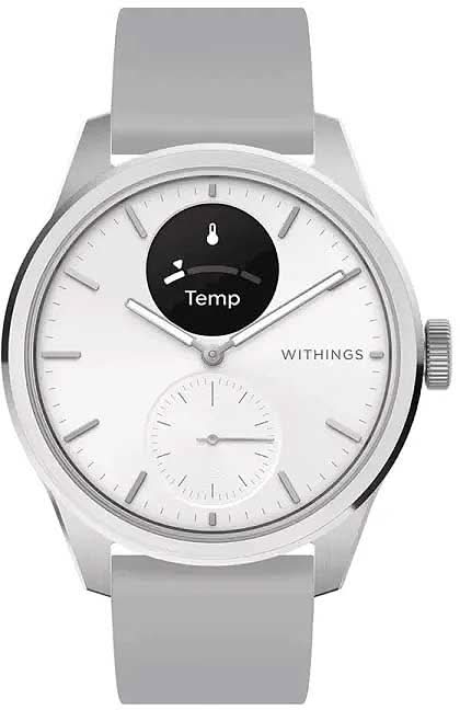 Smartwatch con caja plateada, esfera blanca y correa de silicona gris