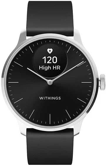 Smartwatch redonda con esfera negra, correa de silicona negra y caja plateada