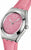Swatch reloj de mujer, con correa de cuero rosa lateral, caja plateada y esfera rosa.