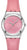 Swatch reloj de mujer con caja plateada, correa de cuero rosa y esfera floral rosa.