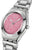 "Reloj de mujer con caja redonda, esfera rosa y manecillas plateadas"