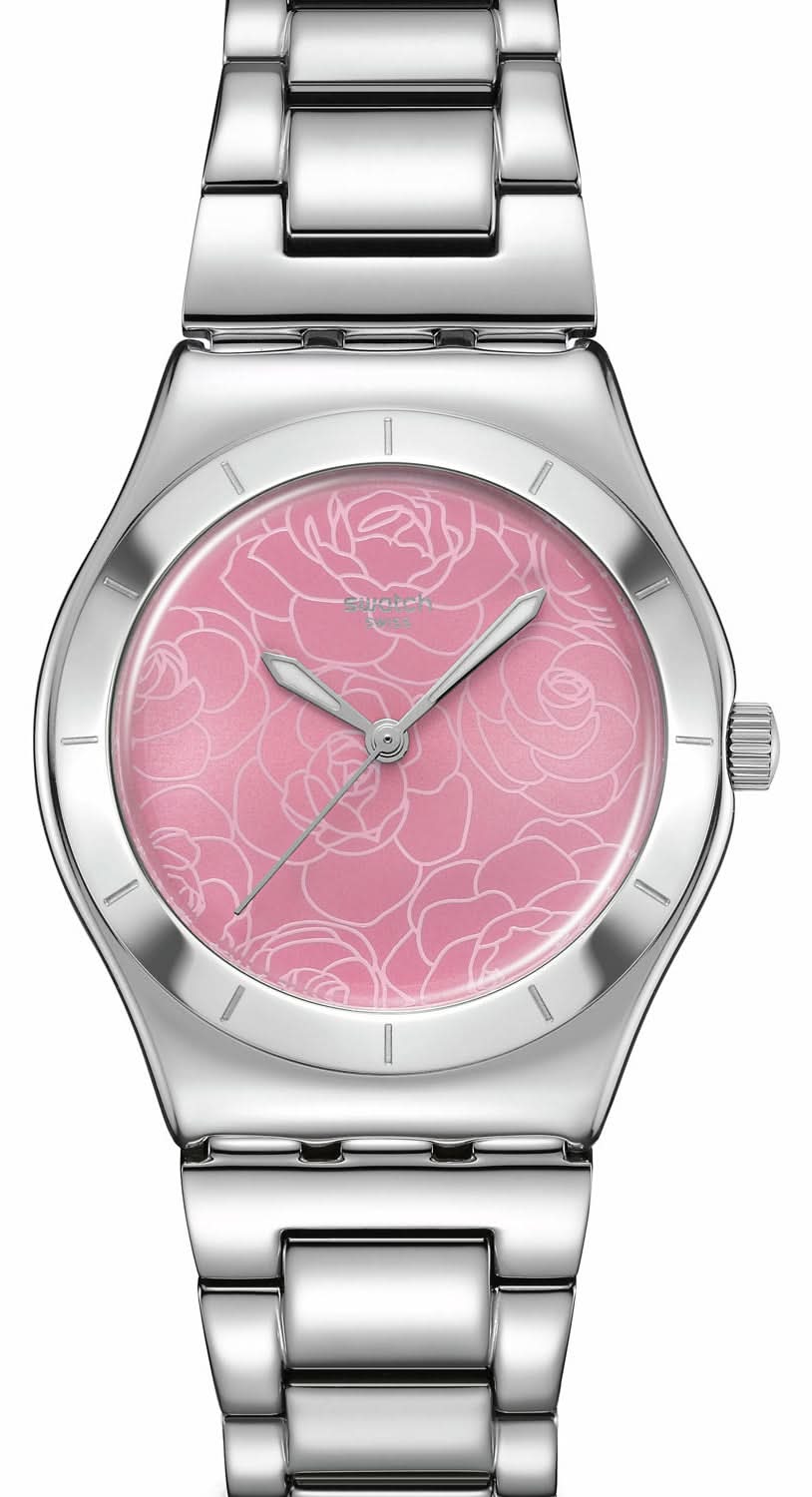 "Reloj de mujer con esfera rosa y estampado floral, brazalete de acero inoxidable plateado"