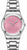 "Reloj de mujer con esfera rosa y estampado floral, brazalete de acero inoxidable plateado"