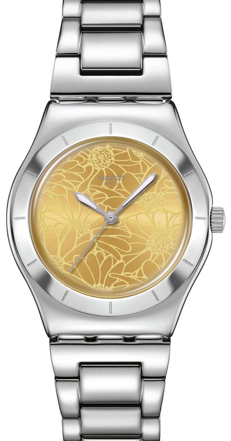 Reloj plateado para mujer con esfera amarilla y estampado floral, correa de acero inoxidable