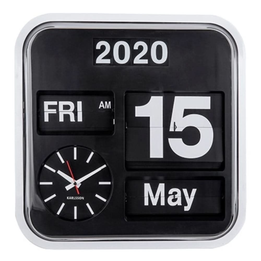 Reloj de pared con esfera negra, manecillas analógicas y visualización de calendario 2020/15/mayo