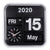 Reloj de pared con esfera negra, manecillas analógicas y visualización de calendario 2020/15/mayo