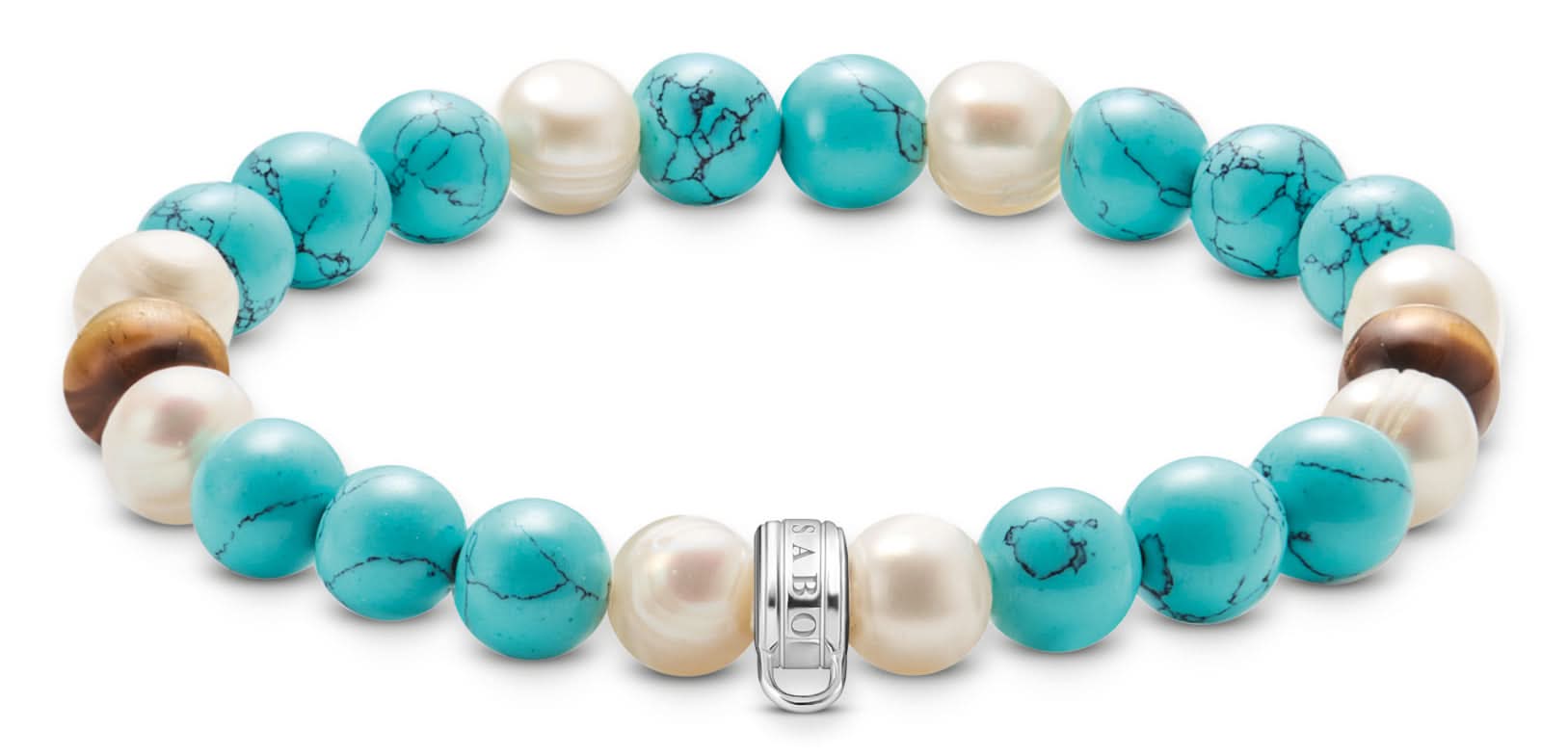 Pulsera de perlas con cuentas de piedra turquesa y perlas blancas, cierre de charm plateado