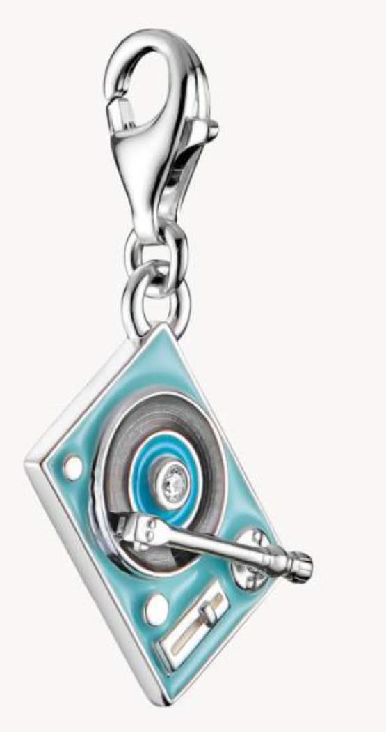 Colgante Charm de plata con motivo de tocadiscos, esmalte azul turquesa y disco redondo