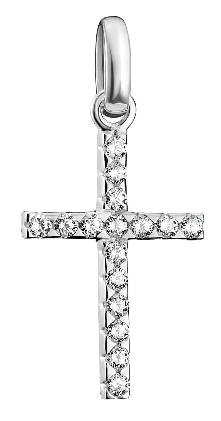 Colgante Charm de plata con forma de cruz, con piedras, con asa y adornos de piedras
