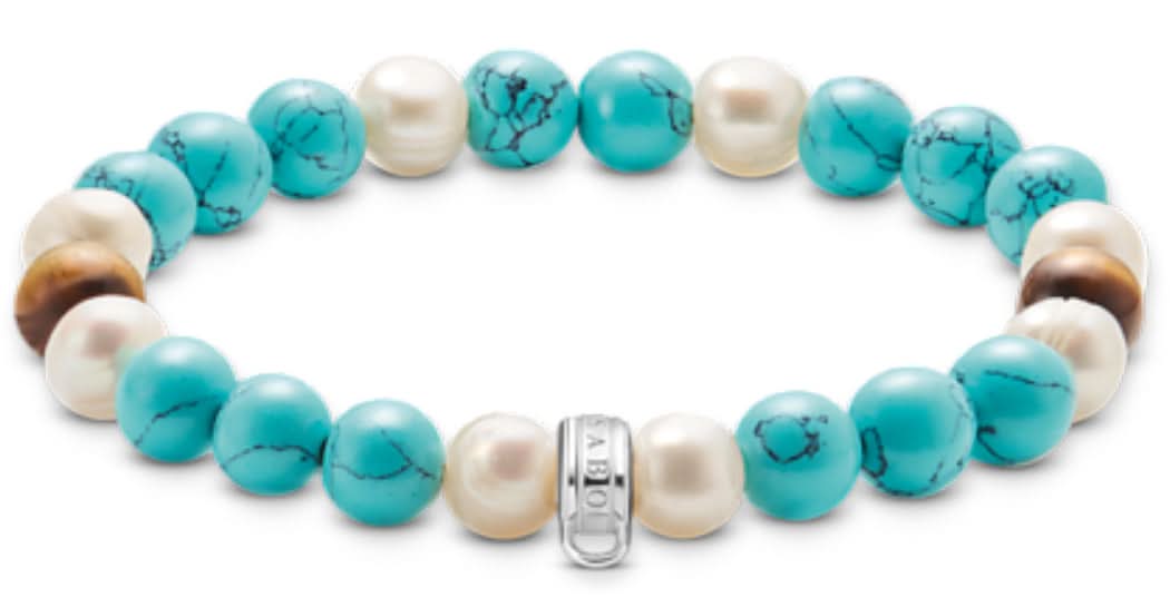 Pulsera con perlas turquesas y blancas, cierre de mosquetón plateado