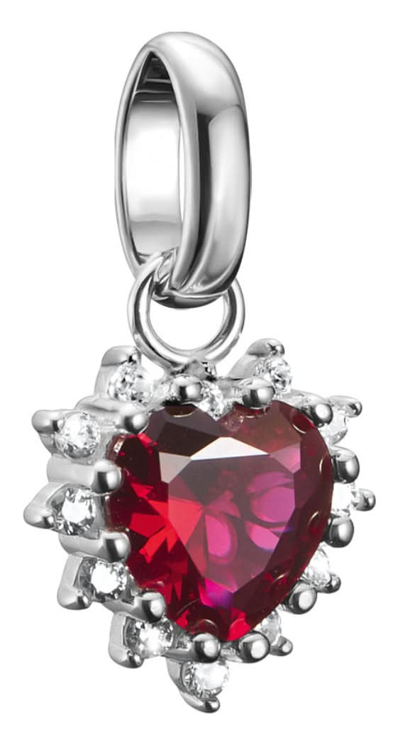 Colgante de charm plateado con corazón de piedra roja en bisel de garra y ojal superior