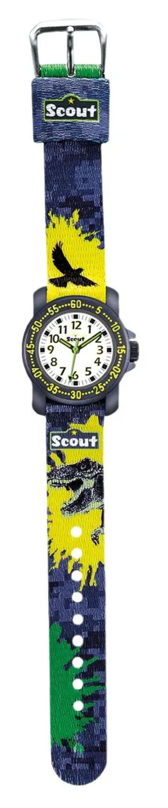 Reloj de pulsera Scout para niño con esfera redonda y correa azul y amarilla, números de aprendizaje.