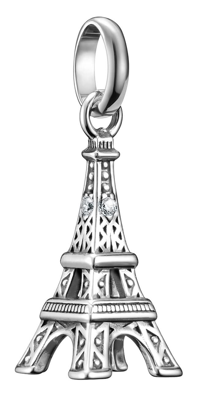 Charm Torre Eiffel plateado con ojal, filigrana y pequeñas piedras