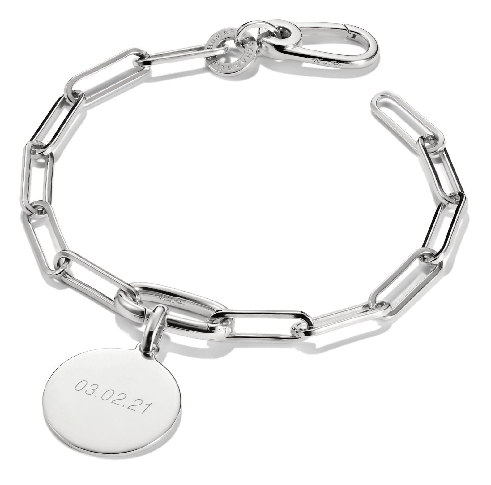 Pulsera de plata con eslabones de clip y colgante redondo, cierre de mosquetón