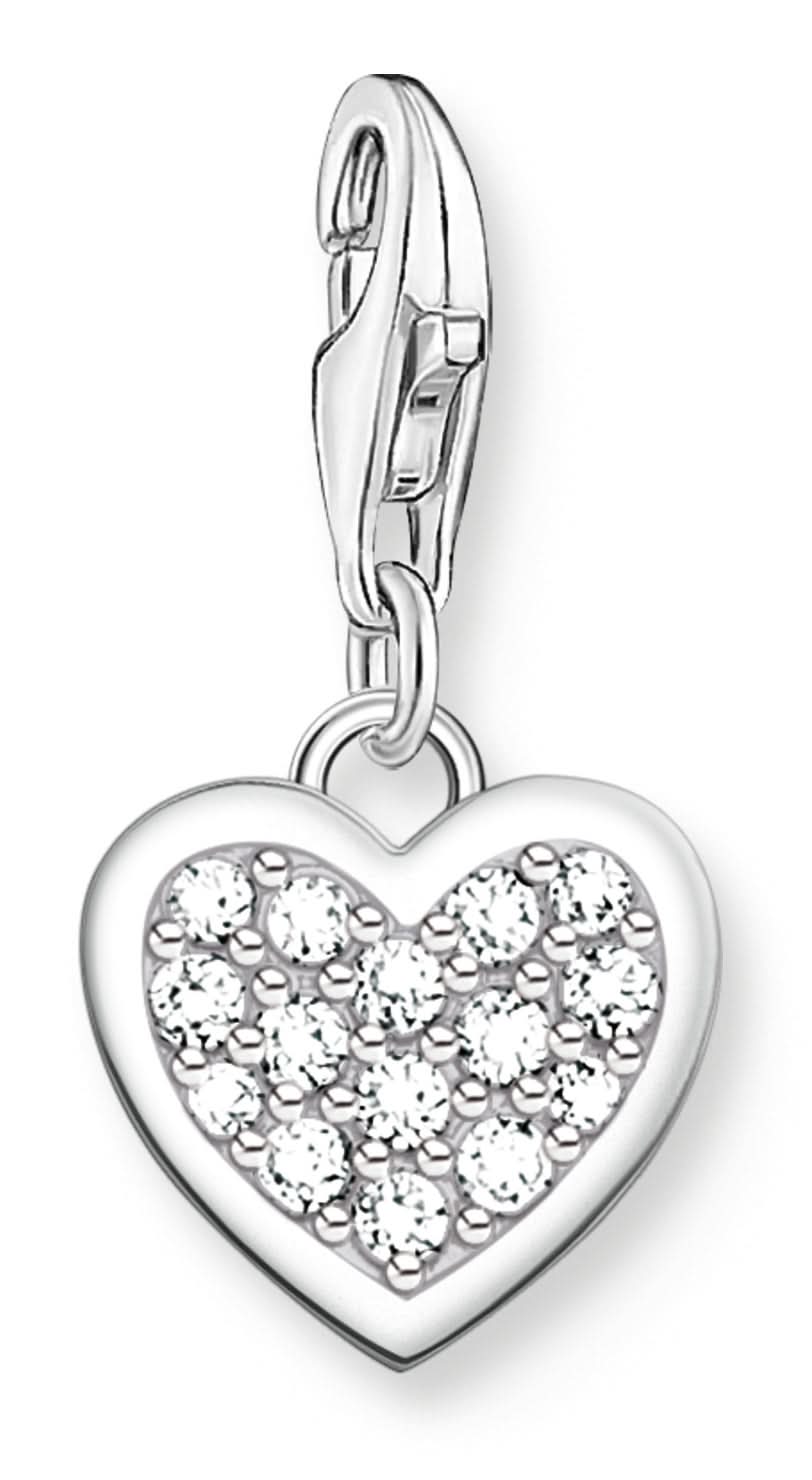 Colgante Charm de plata con corazón brillante de piedras centelleantes, con ojal y cadena