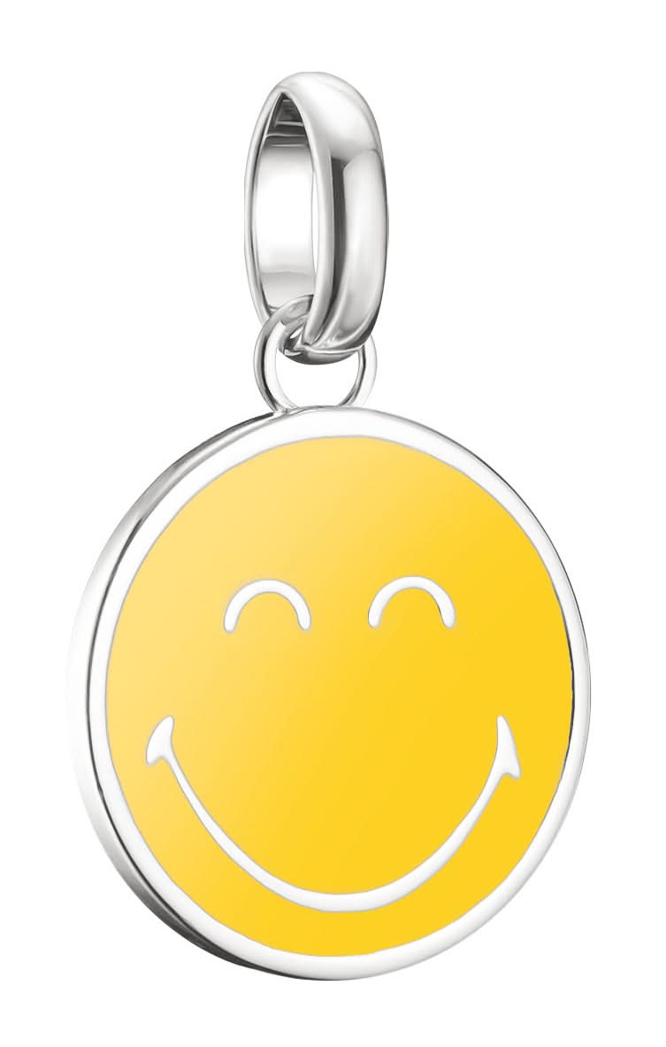 Colgante redondo de plata con smiley amarillo y ojal para unir
