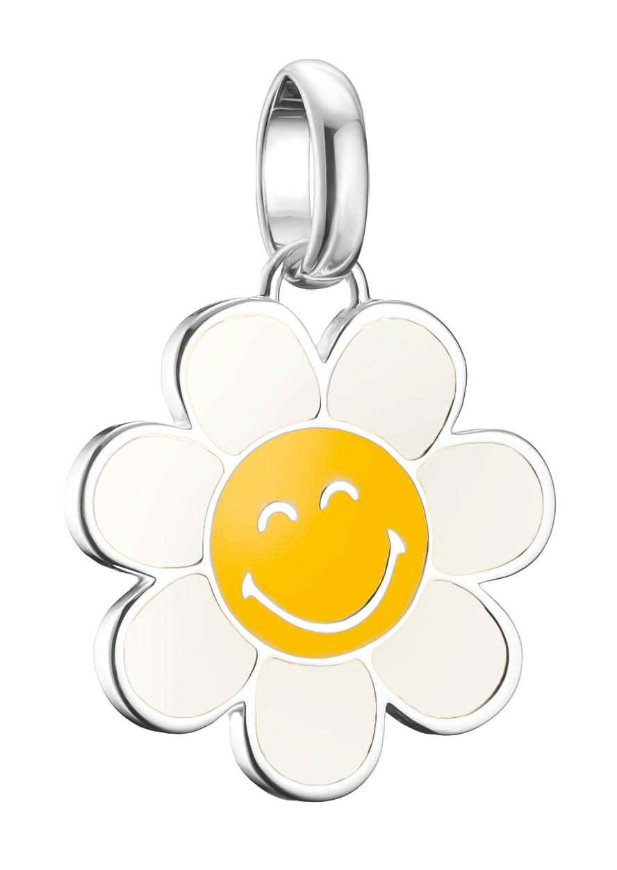 Colgante Charm de plata con flor: cara sonriente amarilla en corona de flores