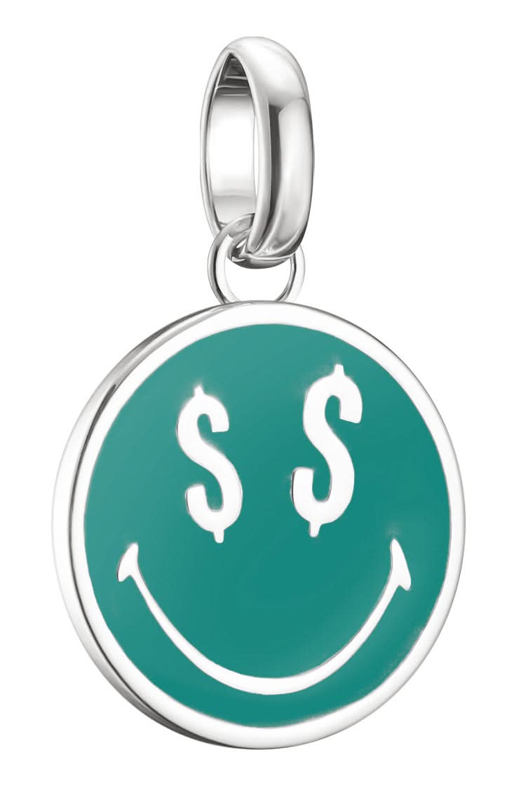 Charm de plata Thomas Sabo SMILEYWORLD®, Smiley redondo con símbolos de dólar sobre turquesa