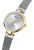 "Reloj de pulsera para mujer, vista lateral: bisel dorado, esfera plateada, correa de malla"
