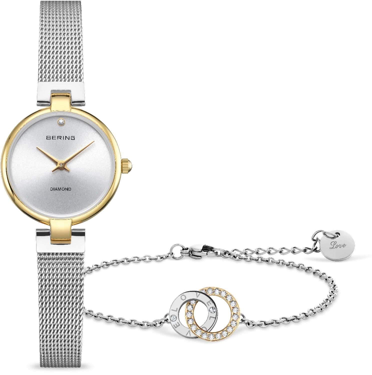 Pulsera de mujer con correa de malla plateada, caja dorada y esfera blanca