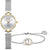 Pulsera de mujer con correa de malla plateada, caja dorada y esfera blanca