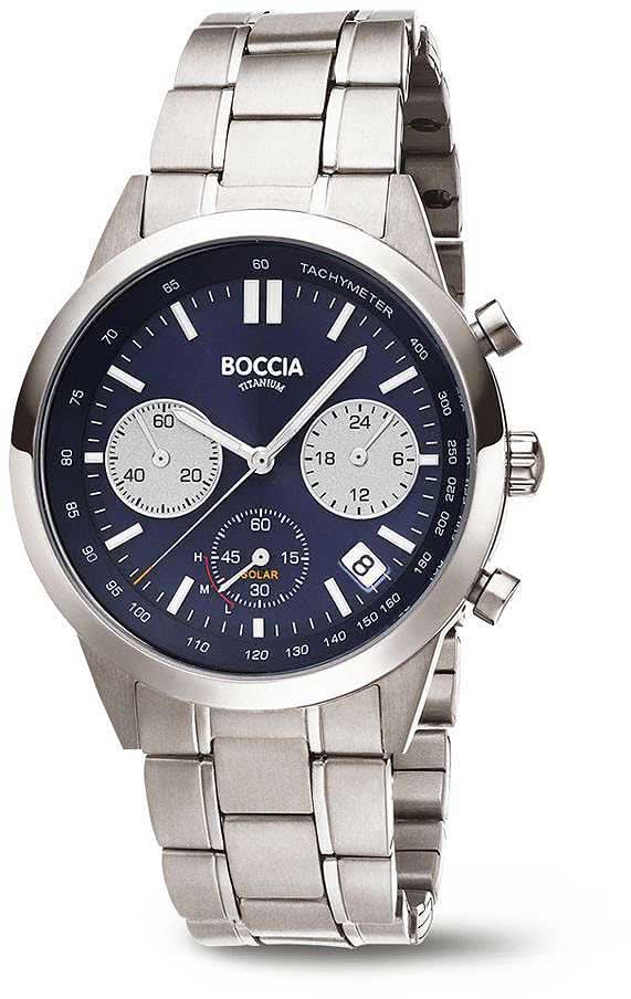 Reloj de pulsera para hombre Boccia con correa de metal plateada y esfera azul, cronógrafo