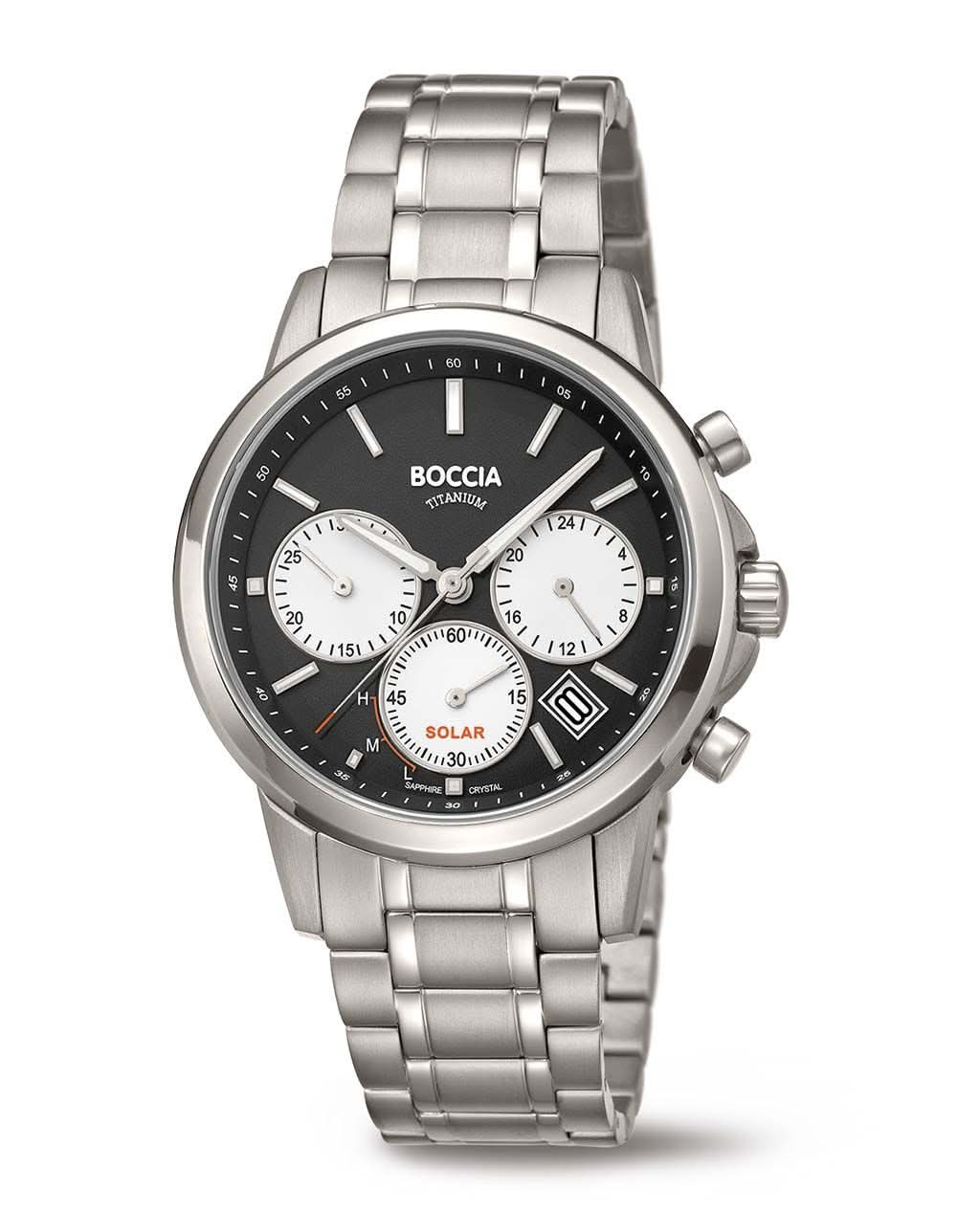 Reloj Boccia para hombre con correa de metal, esfera negra y subesferas de cronógrafo