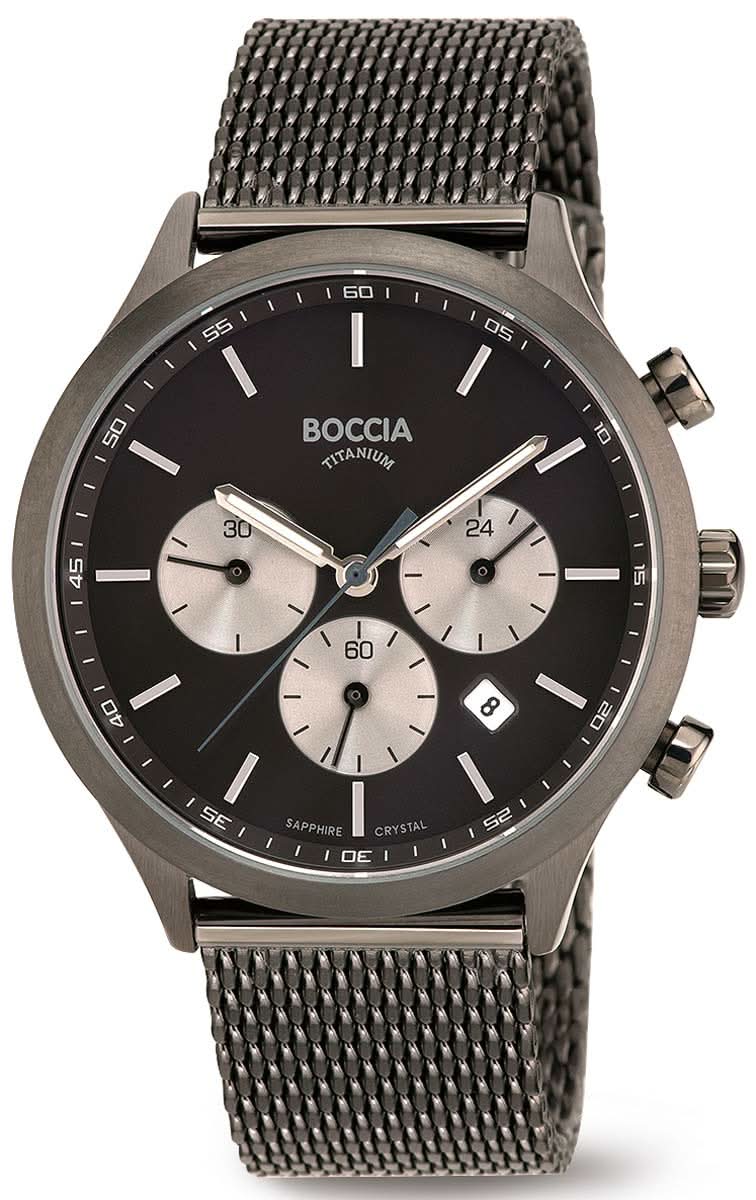 Reloj de pulsera Boccia para hombre con esfera negra, cronógrafo, correa de malla y caja de titanio puro