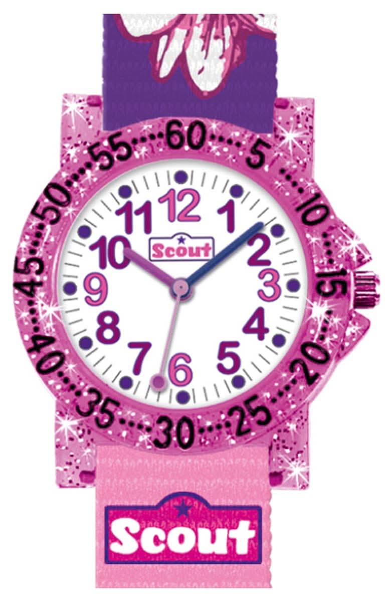 Reloj educativo para niñas con esfera rosa-morada, correa rosa, logo Scout