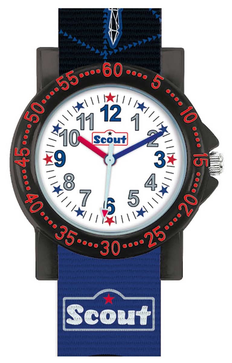 Pulsera infantil con correa textil azul, esfera redonda de aprendizaje y logo Scout