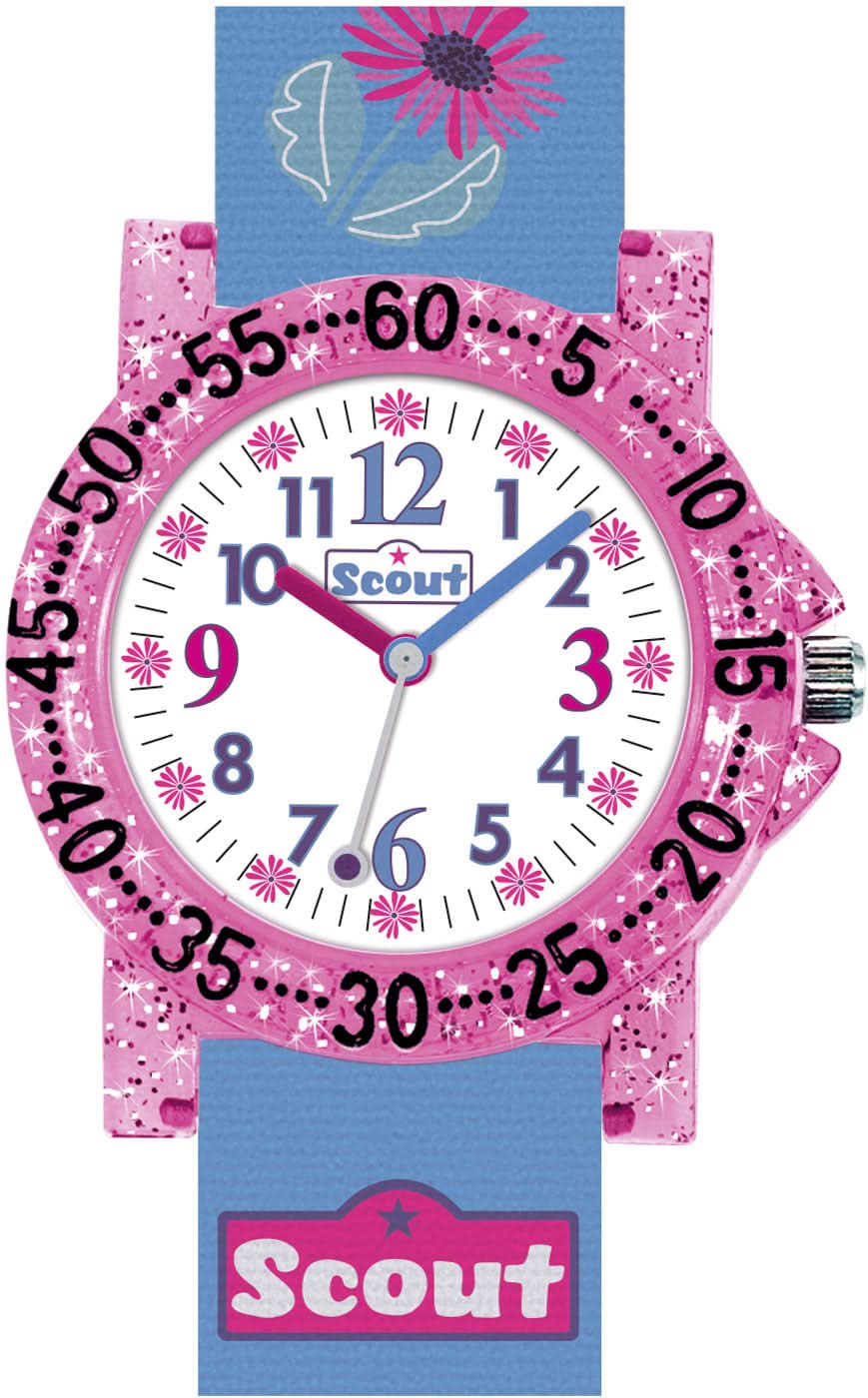 Reloj educativo para niñas con pulsera rosa y azul, motivo de caballo y flores, números, logo Scout
