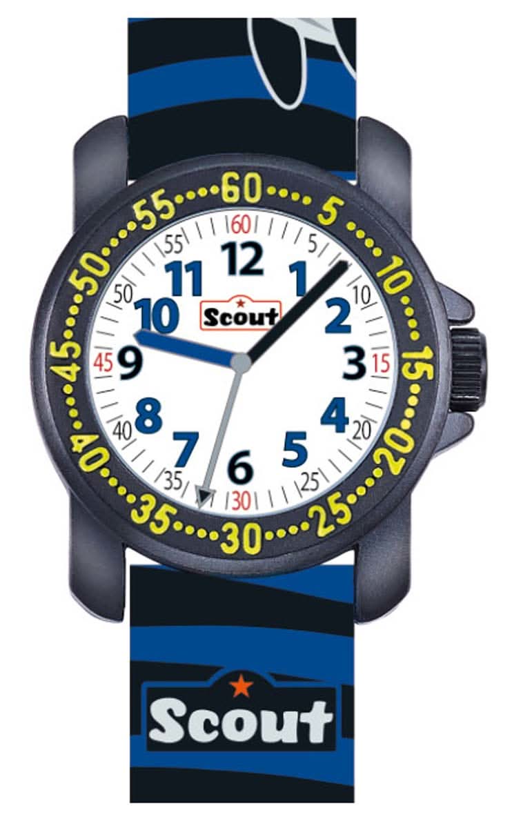 Reloj educativo para niños con correa azul de orca, caja y esfera gris oscuro con el logo de Scout