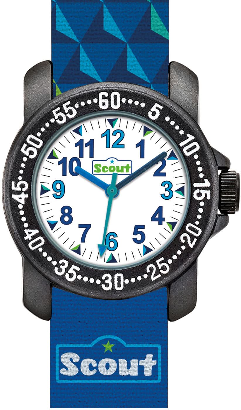 Reloj infantil con esfera redonda, bisel negro y correa textil azul, logo Scout.