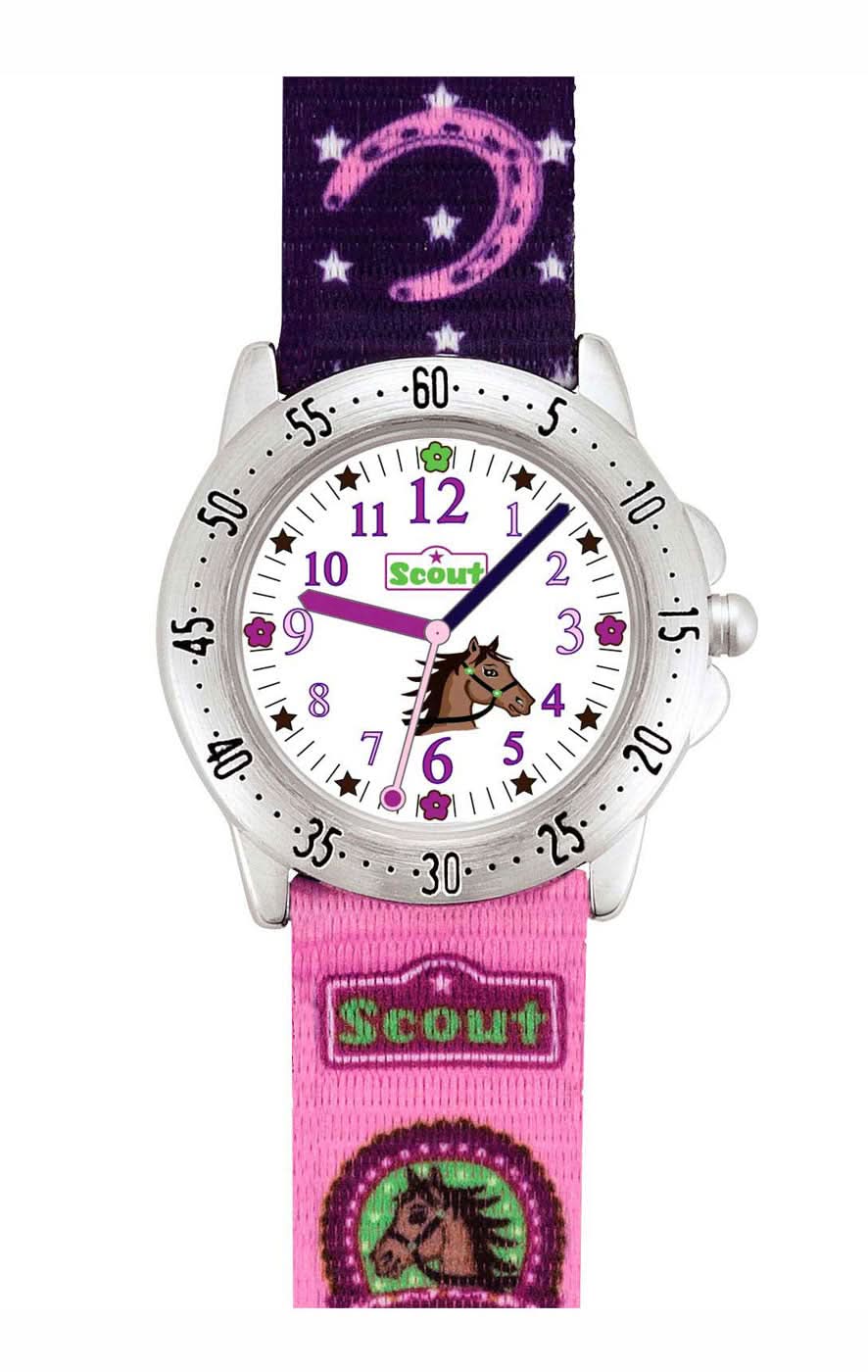 Reloj para niña con caja plateada, esfera rosa con estrellas y luna, correa de tela rosa