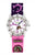 Reloj para niña con caja plateada, esfera rosa con estrellas y luna, correa de tela rosa