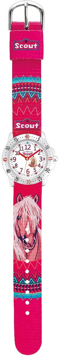 Reloj educativo para niñas con correa rosa, esfera blanca redonda y diseño de caballo