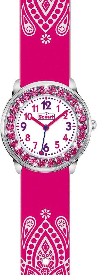 Reloj para niña con esfera rosa brillante, caja redonda y pulsera rosa con estampado