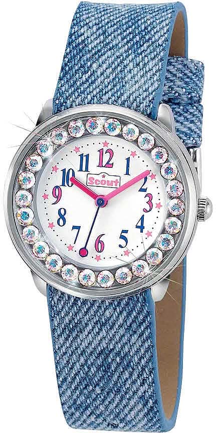 Reloj de niña con pulsera de mezclilla, caja redonda plateada y esfera multicolor