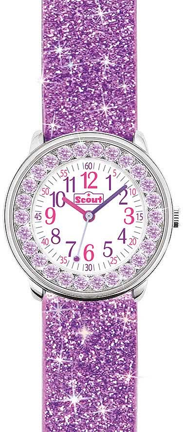 Pulsera de niña violeta brillante con esfera redonda y caja plateada