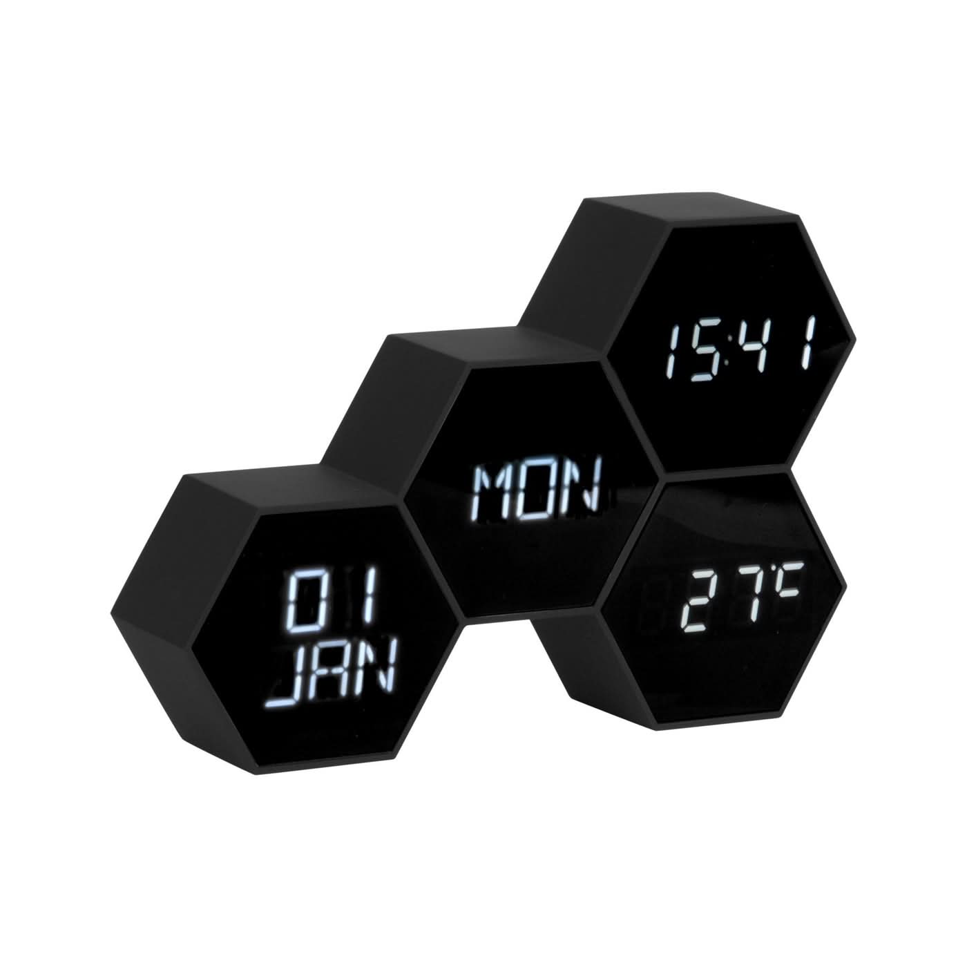 Despertador hexagonal recubierto de goma con pantalla LED de hora, negro