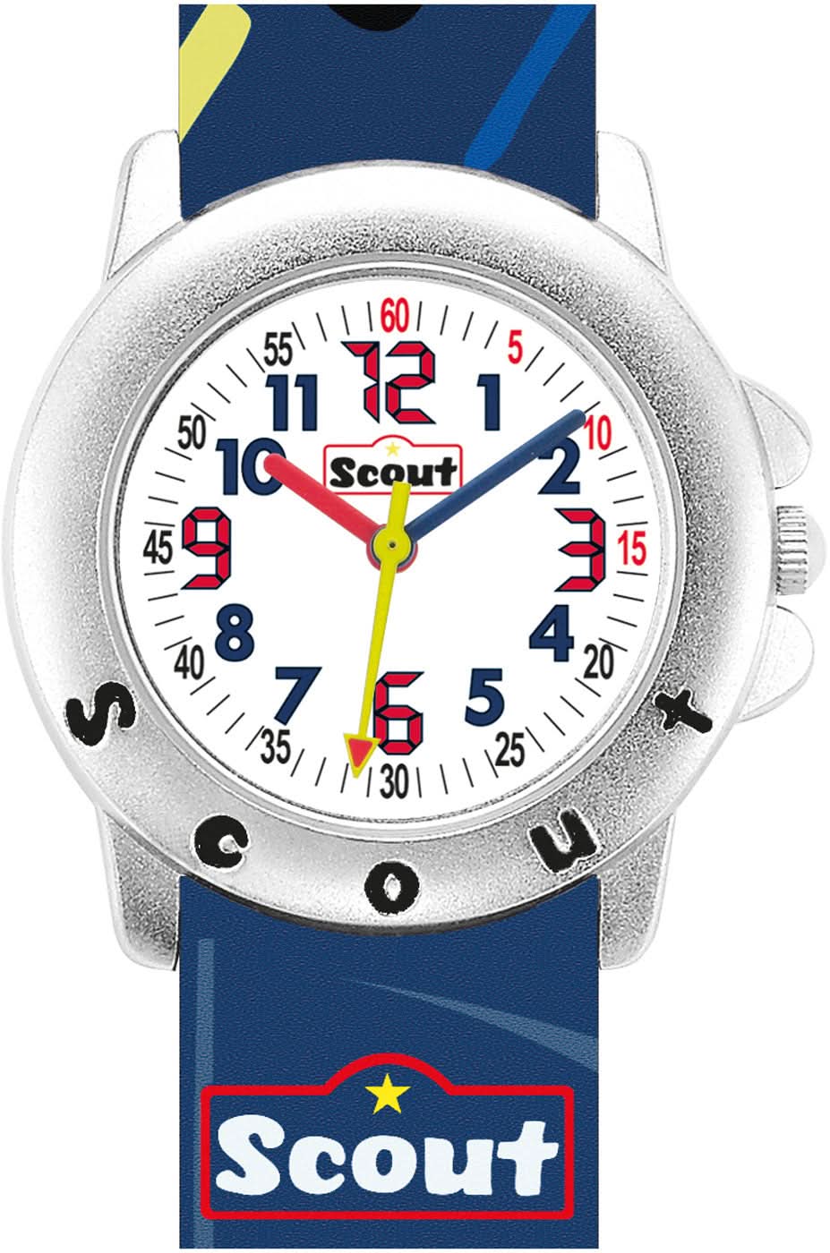 Reloj infantil con caja plateada, correa azul y esfera multicolor (Scout)