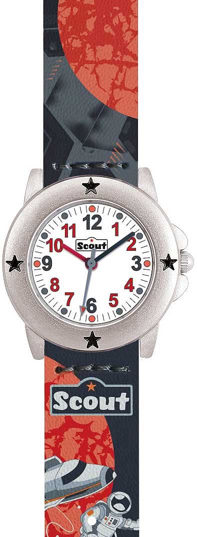 Reloj educativo infantil con esfera redonda, números rojos y estrellas, correa azul oscuro