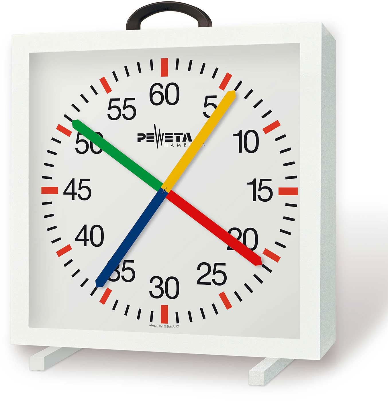 Reloj de pared Peweta con caja cuadrada, esfera blanca y manecillas de colores