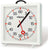 Reloj de pared con esfera blanca, manecillas negras y detalles rojos en caja metálica