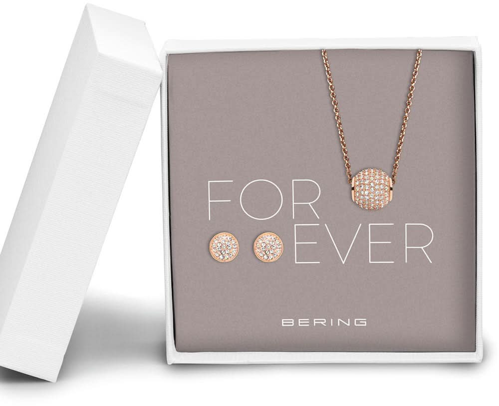 Conjunto de joyas Bering Jewelry con collar, colgante y pendientes de botón en tono oro rosa, redondos